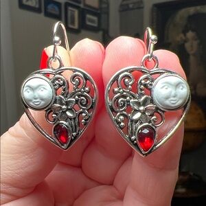 Sajen Style Silver Heart Shaped Faux Garnet Moon Face Dangle Earrings